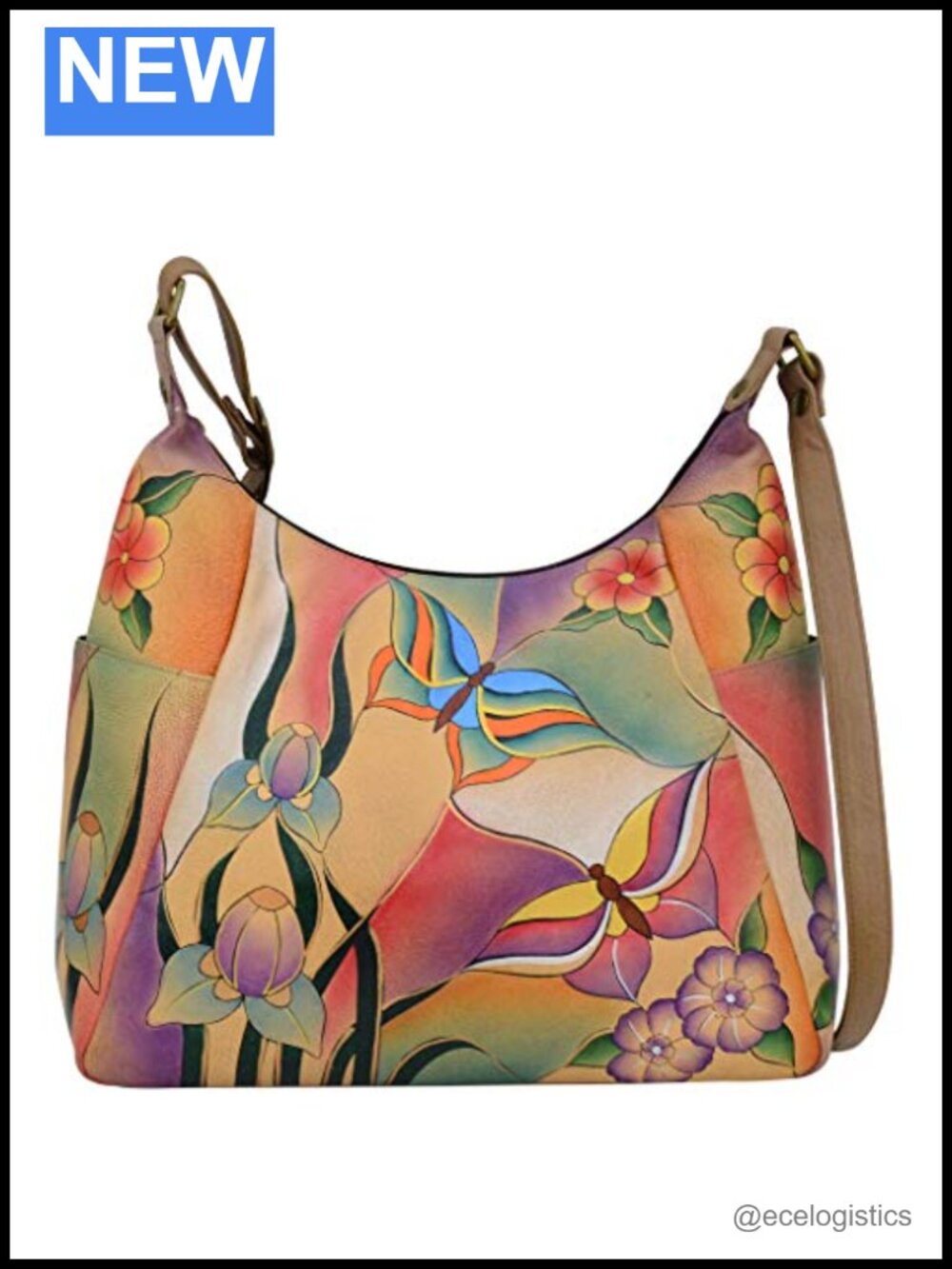 Handpainted Leather Hobo Bag with Multiple Pockets